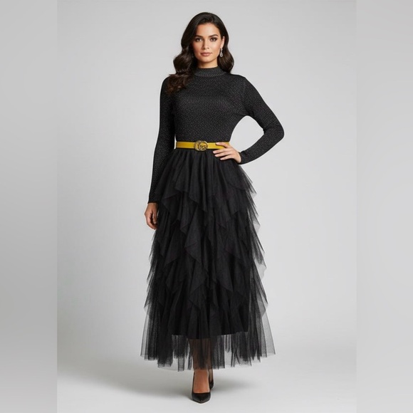 ARK + Grey Dresses & Skirts - Elegant Black Maxi Dress with Yellow Belt
